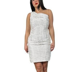 Calvin Klein White Ruffled Layered One Shoulder Form Fitting Sheath Dress